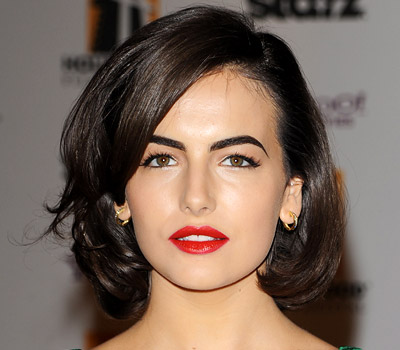 Camilla Belle Medium Wavy hairstyle and red lipstick