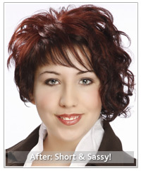 Model with short curly red hairstyle