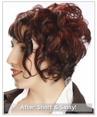 Model with short curly red hairstyle