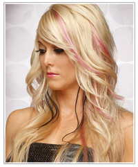 Model with long blonde hair and pink highlights