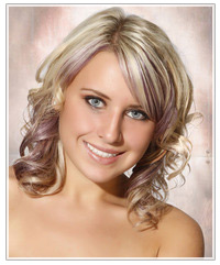 Model with blonde hair and purple highlights