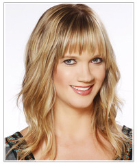Model with blonde hair and full bangs