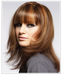 Model with brown hair and blunt bangs