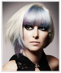 Purple and blue highlighted blonde bob