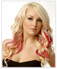 Model with platinum blonde hair and pink lips