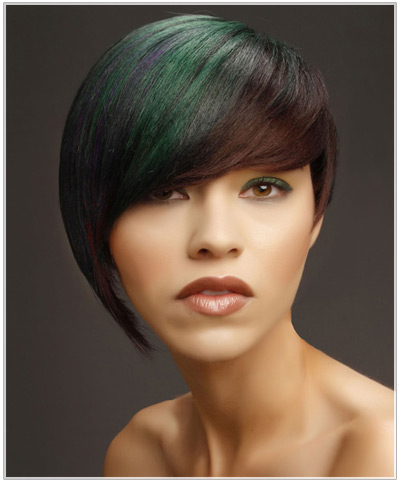 Model with a multi-colored asymmetric hairstyle