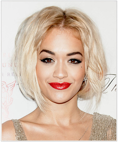 Rita Ora Short Straight Blonde Bob Hairstyle.